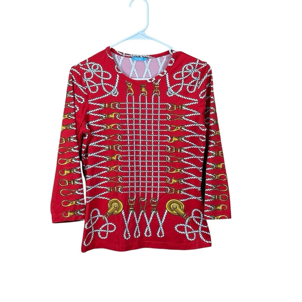 J. McLaughlin Womens Size Small Red Equestrian Long Sleeve Blouse Catalina Horse